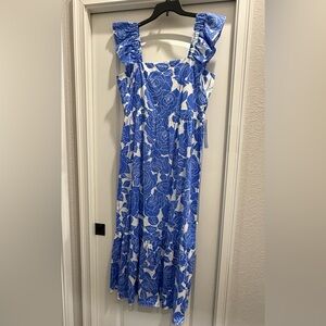 London Times Blue and White One Shoulder Sundress